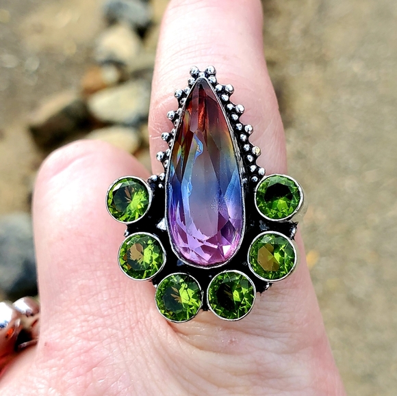 New Bi-Color Tourmaline & Peridot 925 Silver Ring. - Picture 10 of 12